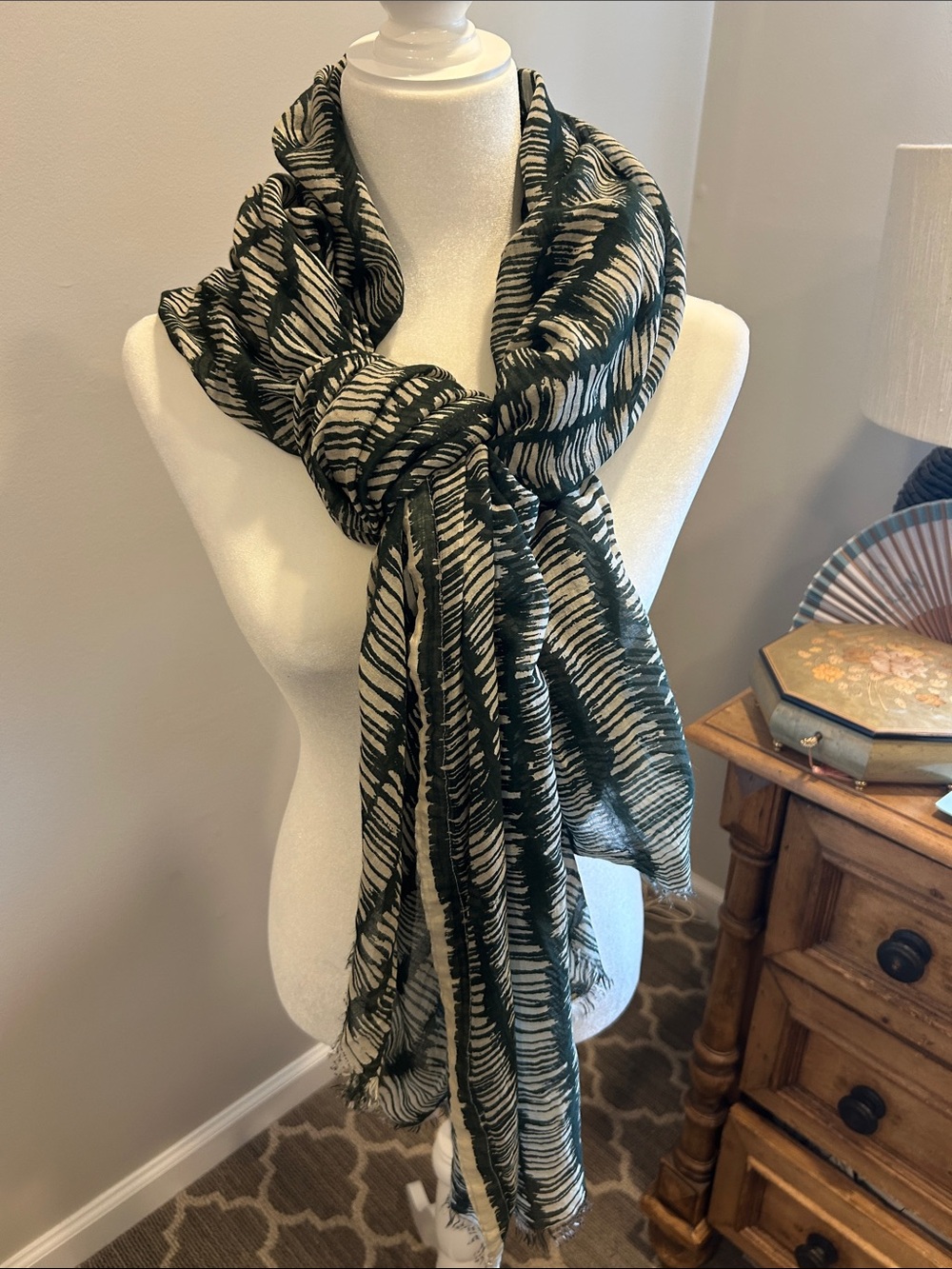W by Worth Green and Cream Patterned Fringe Wrap